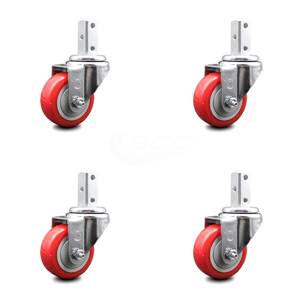 3 Inch Red Polyurethane Wheel Swivel 7/8 Inch Square Stem Caster Set SCC
